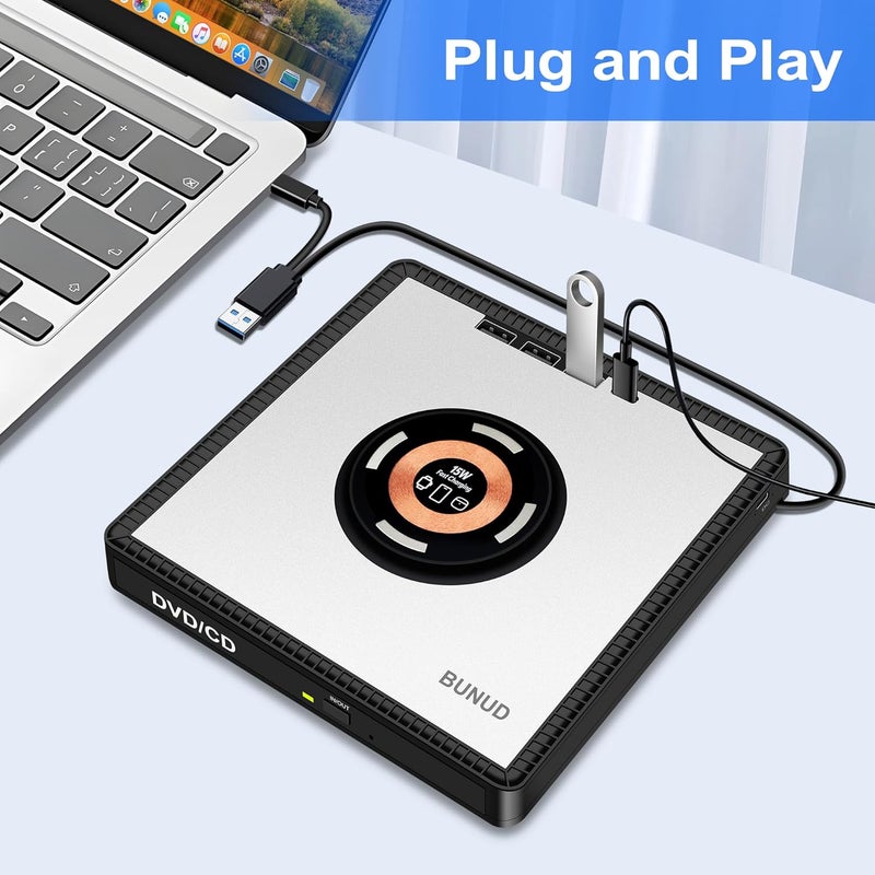 BVNUD External CD DVD Drive: USB DVD Drive External DVD Burner for PC with 3 USB and TF/SD Slots Slim Portable Disc Player Reader for Laptop Mac Windows 11 Apple with 15W Wireless Fast Charging - Image 2